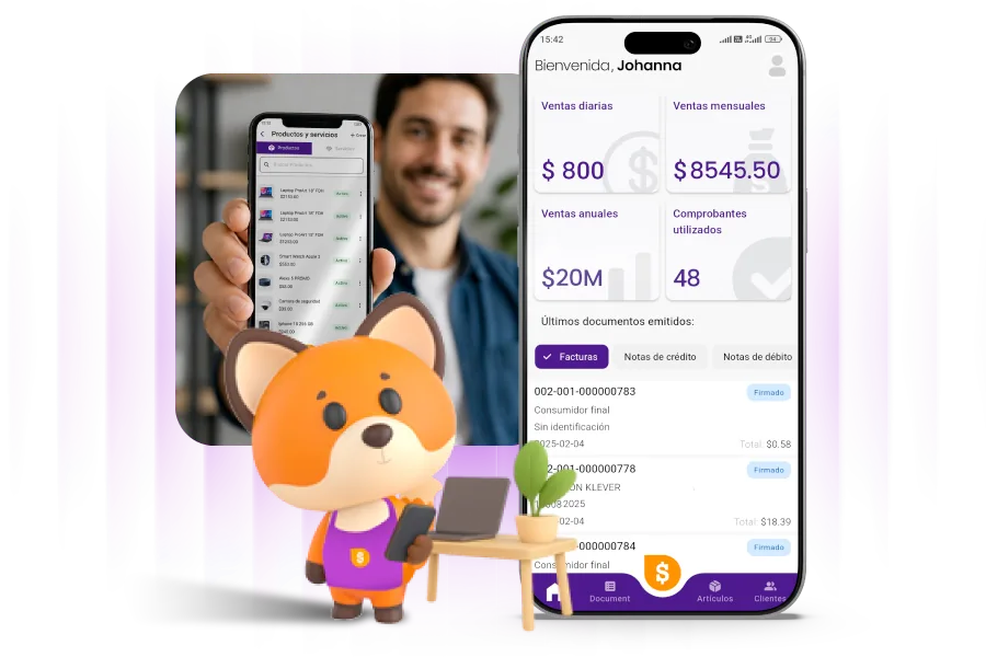Aplicación móvil de FacturaSoft con el resumen de ventas y los últimos comprobantes