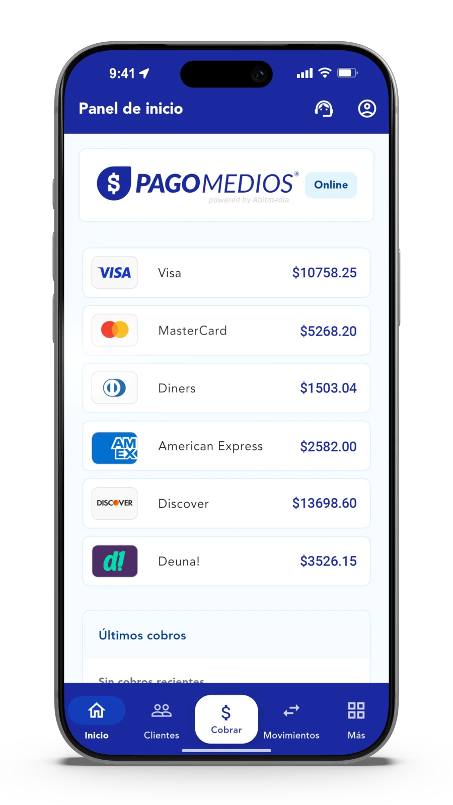 Panel de inicio de la aplicación móvil de Pagomedios en un teléfono