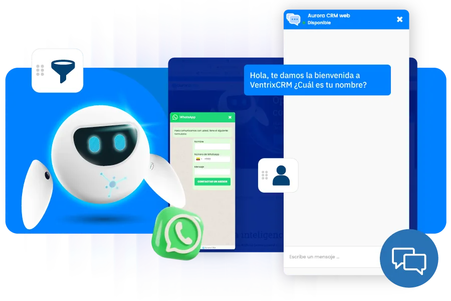 Chatbot de Ventrix CRM conversando con un visitante del sitio