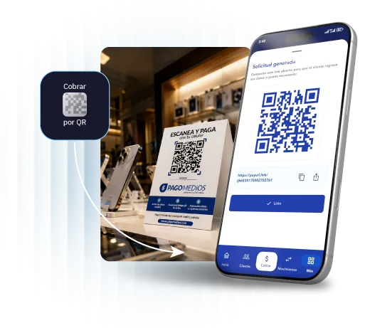 Tarjetón con código QR de Pagomedios en el mostrador y la solicitud de cobro generada en la aplicación