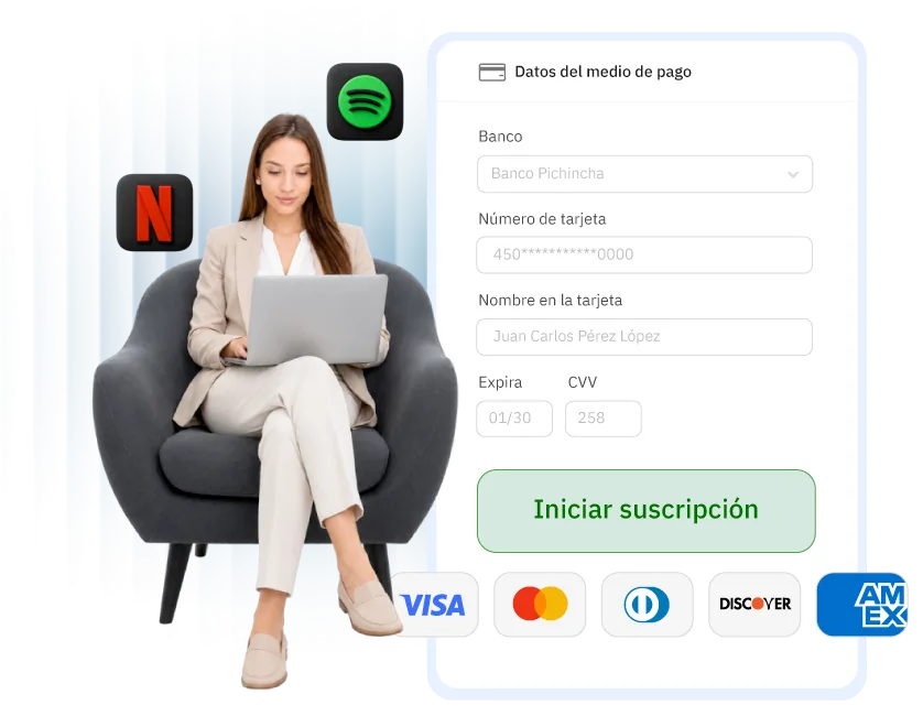 Formulario de suscripción de Pagomedios con los datos del medio de pago y las tarjetas aceptadas
