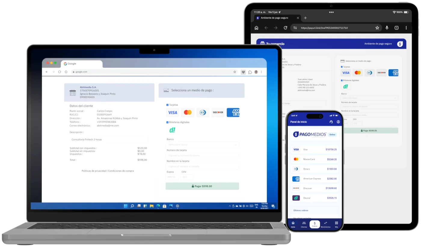 Pagomedios en computador, tablet y teléfono: formulario de pago y panel de cobros