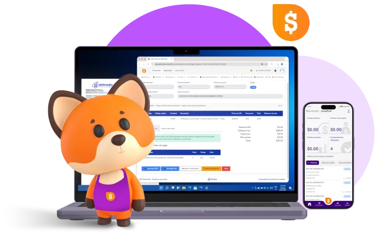 FacturaSoft en un portátil y en un teléfono, junto a la mascota de la marca