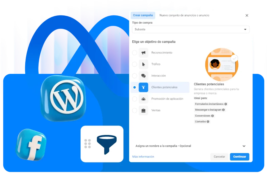 Campaña de clientes potenciales de Meta Ads entrando a Ventrix CRM, junto al plugin de WordPress