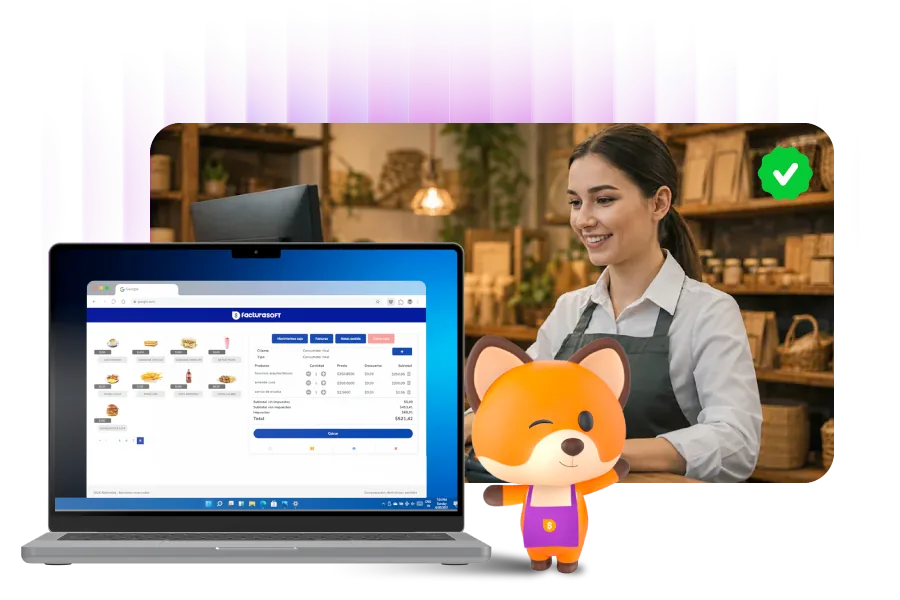 Punto de venta de FacturaSoft en un portátil, atendido en mostrador